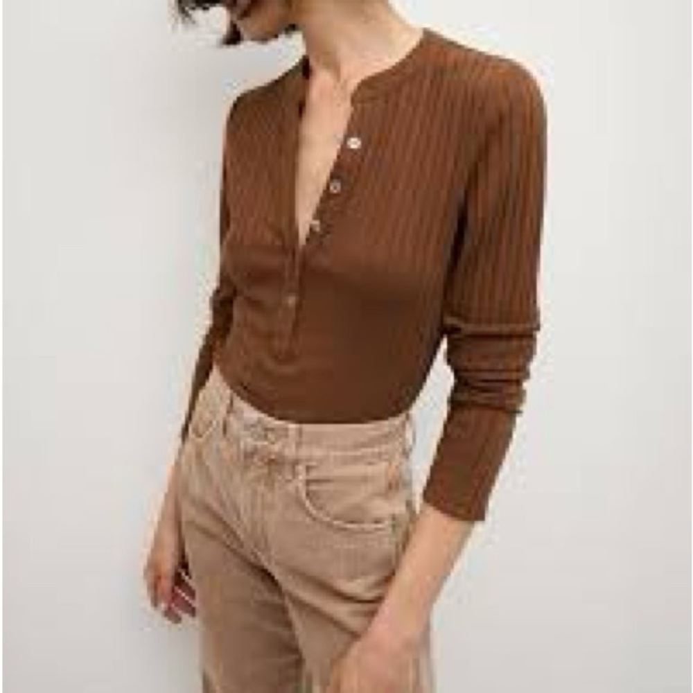 Veronica Beard Jocelyn cocoa Ribbed Long Sleeve Henley